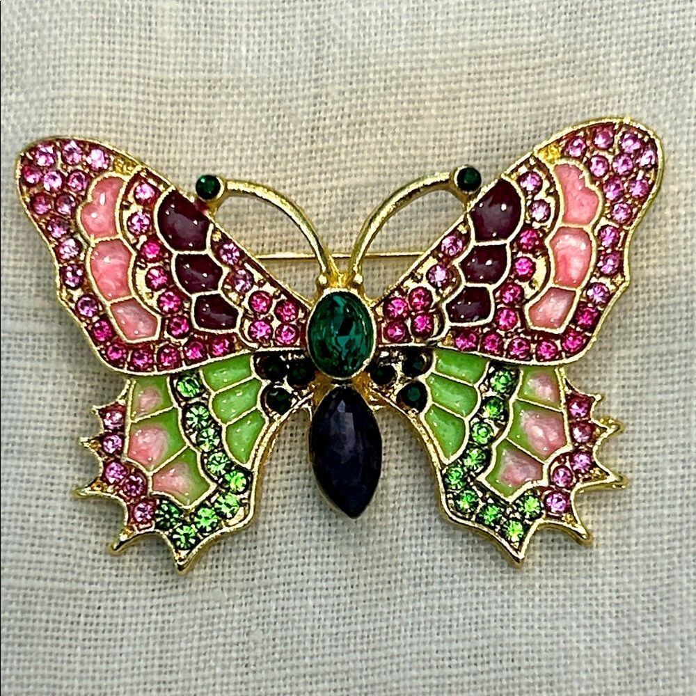 Elegant Butterfly Brooch with Pink and Green Crystals